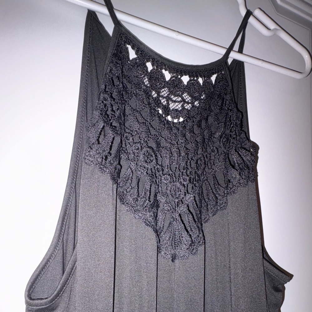 Womens Black Lace Neck Maxi Dress Spaghetti Strap Empire Waist Long Flowy Medium